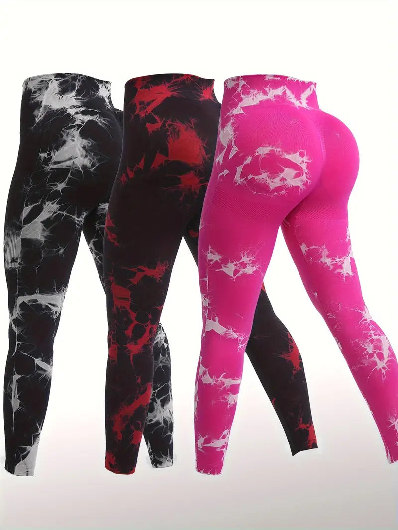 3pcs Tie Dye Trousers Spring And Autumn Seamless High Waisted Elastic Women's Sports Tights Hip Twist Lifting Yoga Pants-SNO-29