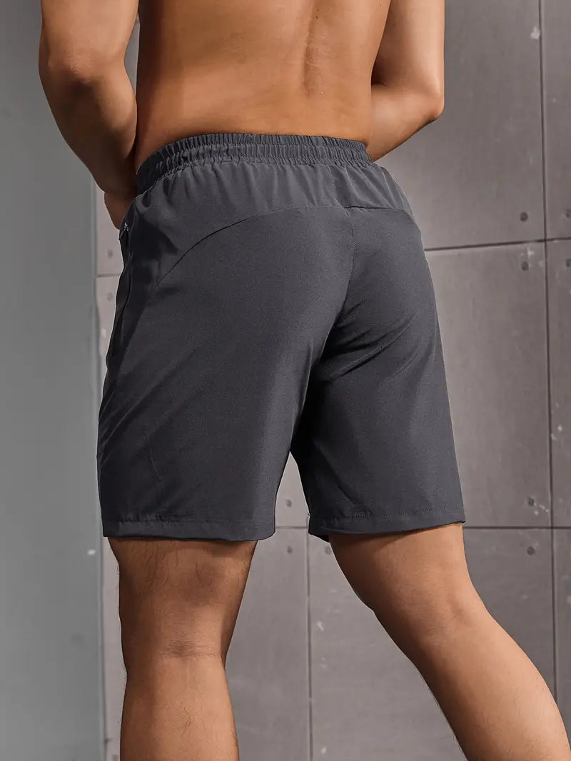 Men's Solid Color Regular Fit Shorts With Drawstring And Dual Zippered Front Pockets, Casual And Quick Dry Sports Shorts Suitable For Summer Fitness And Outdoors Activities-SNO-76