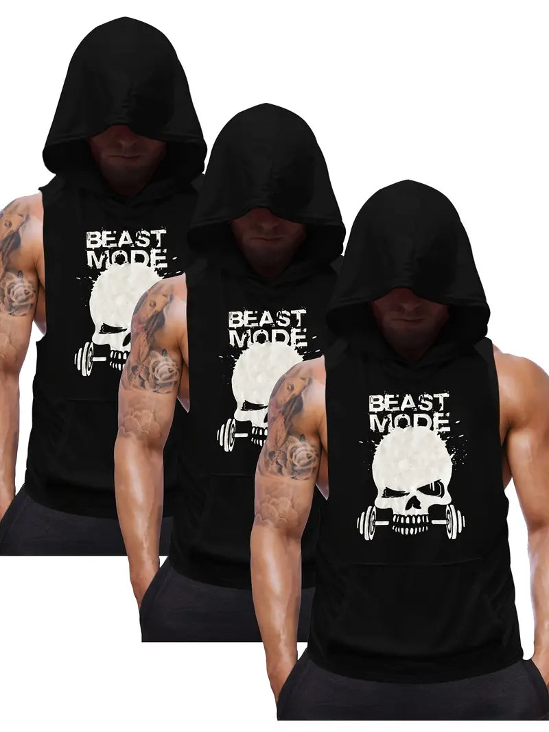 3pcs Men's Sleeveless Hooded Stringers Workout Tank Tops Skull Bodybuilding Workout Shirts-SNO-64