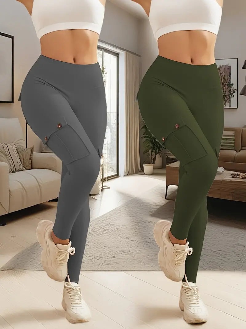 2-Pack High-Waisted Yoga - Tummy Control Leggings, Lifted Butt, 4 Buttoned Pockets, Moisture-Wicking, Breathable, Four-Way Stretch Fitness Pants for Running, Gym, and Yoga Enthusiasts-SNO-45