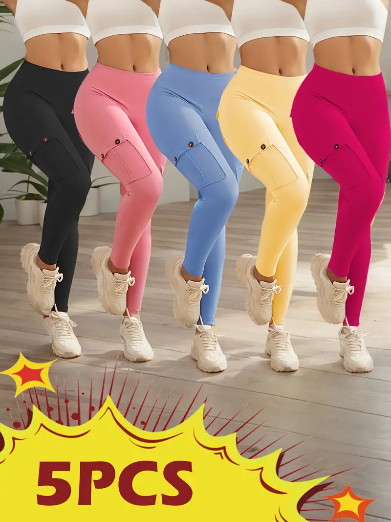 5-Packs High Waist Yoga Leggings With 4 Button Pockets, Multipack Butt Lifting Tummy Control Workout Running 4 Way Stretch Cargo Sports Pants, 5pcs Leggings Set-SNO-46