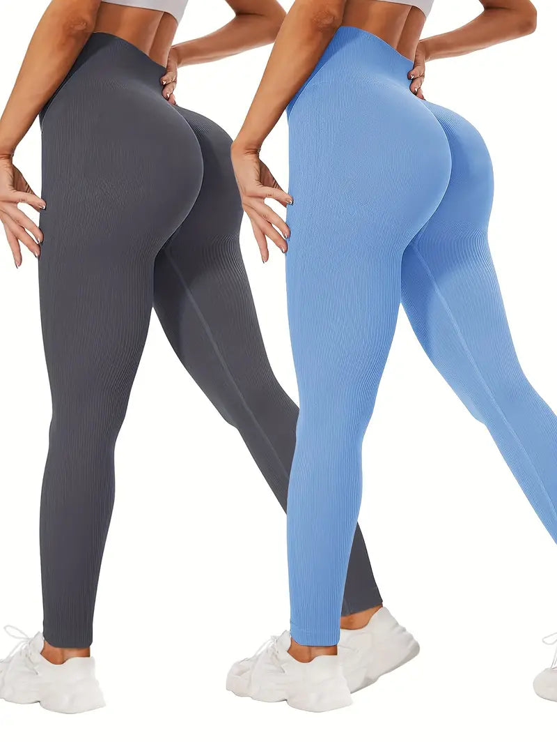 2 Packs Solid Color Skinny Leggings, Casual High Waist Stretchy Seamless Leggings, Women's Clothing-SNO-5