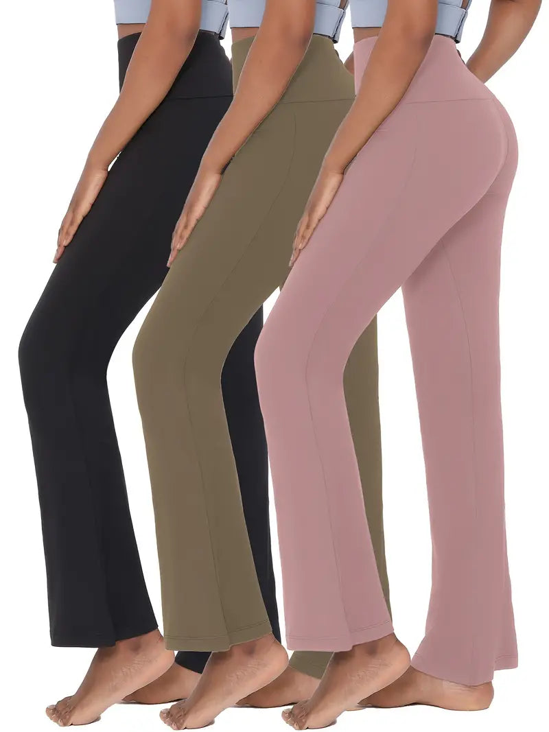 3 Pack Women's Super Soft High Waisted Flare Pants For Women, Tummy Control No See Through Workout Yoga Running Bell Bottoms-SNO-23